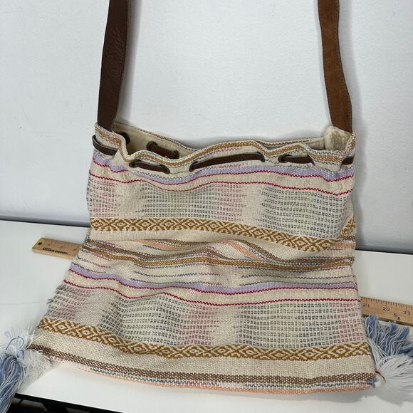 Lovestitch Tan Multicolor Striped Canvas Boho Bag Drawstring Snap Closure - Picture 9 of 16
